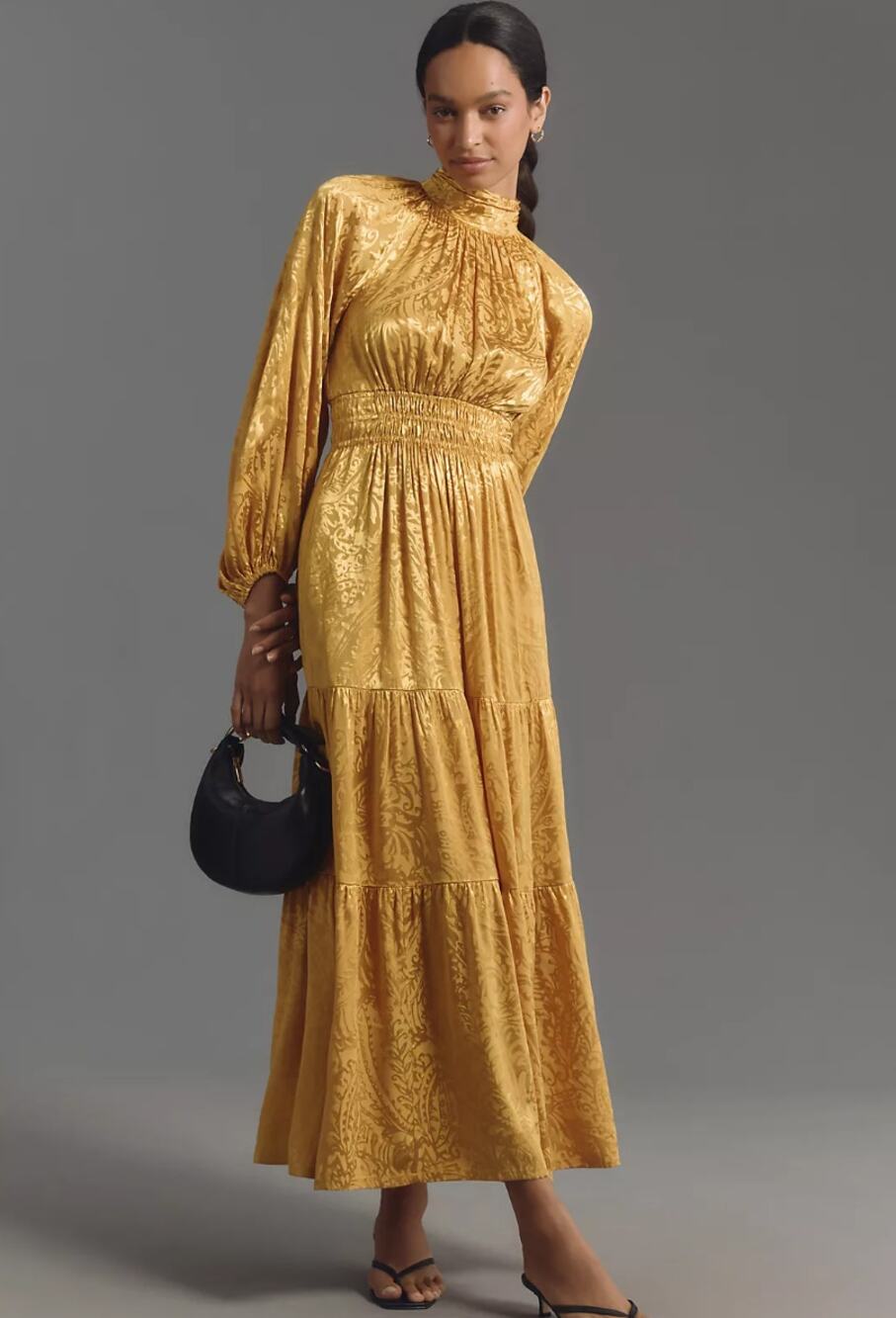 By Anthropologie The Somerset Long-Sleeve Maxi Dress Mock-Neck Gold Size M $178